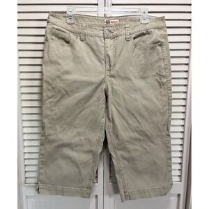 Faded Glory Khaki Tan‎ Missy Capri Pants Size 12 Mid Rise Pockets Stretch Zip